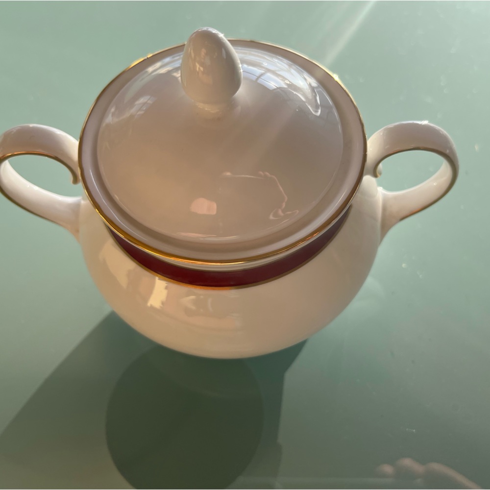 Royal Grafton Warwick design fine bone china sugar pot white burgundy gold band